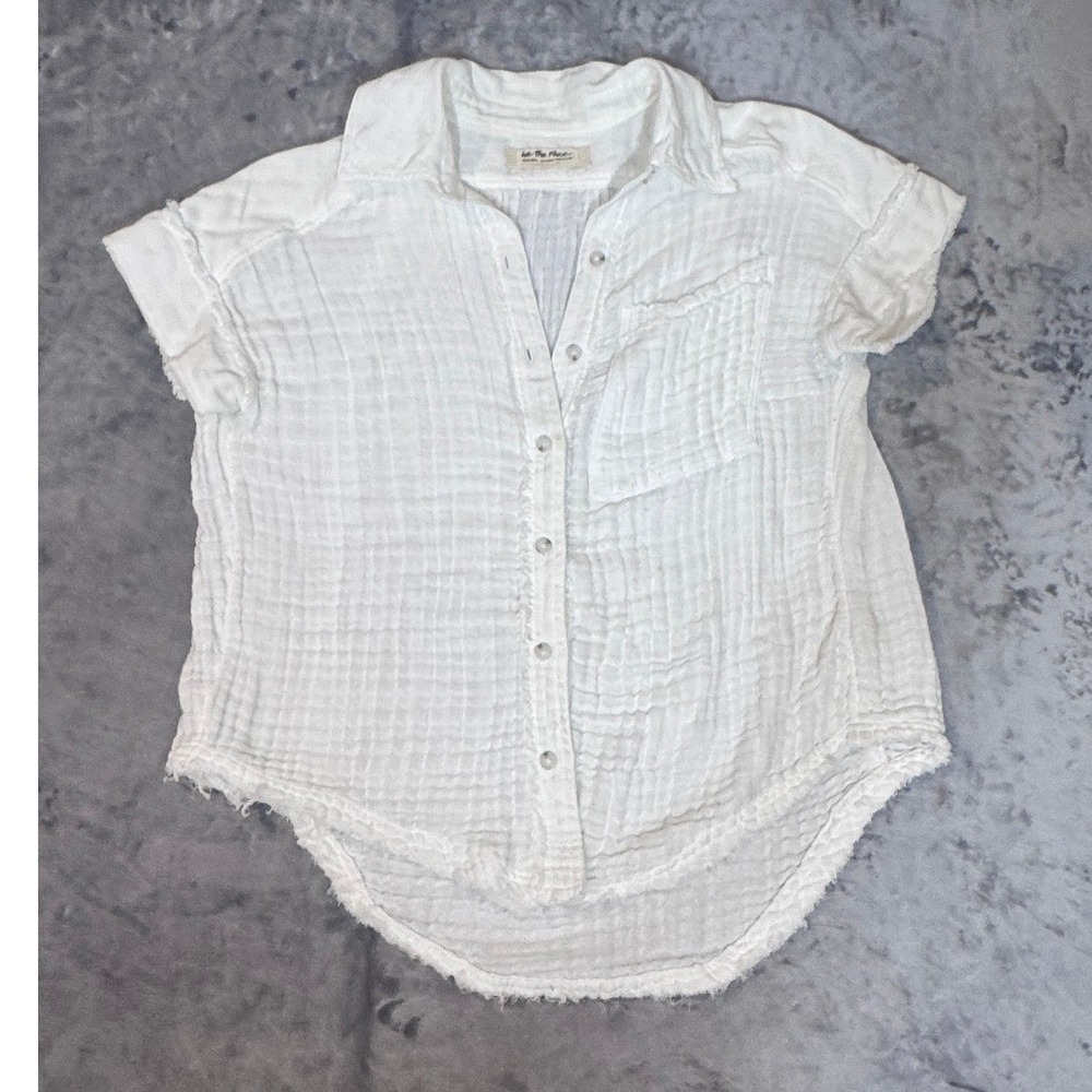 We The Free Free People White Gauze Short Sleeve Button‎ Down Shirt XS Boho